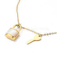 Natural Shell Padlock and Key Pendant Necklace, Ion Plating(IP) 304 Stainless Steel Jewelry for Women, Golden, 18.23 inch(46.3cm)(NJEW-P229-15G)