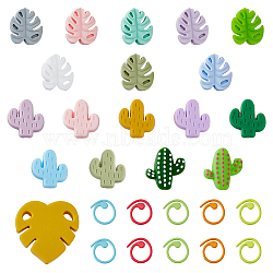 DICOSMETIC Cactus & Monstera Leaf Food Grade Eco-Friendly Silicone Beads, with Baking Painted Zinc Alloy Knitting Stitch Marker Rings, Crochet Clips, Mixed Color, Rings: 14.5x1mm, 12pcs, Caps: 23~35x21~35.5x7~8mm, Hole: 2~2.5mm, 18pcs(DIY-DC0002-22)