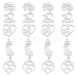 Elite 20Pcs 5 Style Mother's Day 201 Stainless Steel & 304 Stainless Steel Pendants, Laser Cut, Mixed Shapes, Stainless Steel Color, 10~24x10~17x0.9~1mm, Hole: 1.2~1.6mm, 4pcs/style(STAS-PH0003-97)