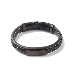 Leather Cord Bracelets, 304 Stainless Steel Magnetic Clasp, Rectangle, Electrophoresis Black, 8-5/8 inch(22cm), 12~15x6~10mm(BJEW-E345-09B)