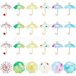 Acrylic Pendants, with Golden Plated Brass Loops and ABS Plastic Imitation Pearl, Umbrella, Mixed Color, 20~24x18~20x18~20mm, Hole: 1.2~1.8mm, 6 colors, 4pcs/color, 24pcs/set(KY-SC0001-32)