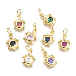 Brass Micro Pave Cubic Zirconia Pendants, with Jump Ring, Sea Turtle, Real 18K Gold Plated, Mixed Color, 12x8.7x2.5mm, Jump Rings: 5x0.8mm, Inner Diameter: 3mm(KK-P187-12-G)