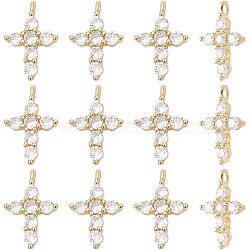 12Pcs Brass Micro Pave Cubic Zirconia Pendants, Cadmium Free & Lead Free, Long-Lasting Plated, Cross, Clear, Real 18K Gold Plated, 14x9.5x3mm, Hole: 1.2mm(KK-CA0003-65)