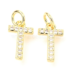 Brass Micro Pave Cubic Zirconia Charms, with Jump Rings, Greek Alphabet, Real 18k Gold Plated, Letter.T, 12.5x7.5x1.8mm, Jump Ring: 5x0.85mm, Hole: 3.3mm(ZIRC-O037-10G)