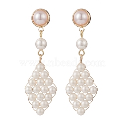 Shell Pearl & Plastic Braided Rhombus Dangle Stud Earrings, Golden Brass Wire Wrap Long Drop Earrings for Women, White, 55mm, Pin: 0.7mm(EJEW-TA00166)