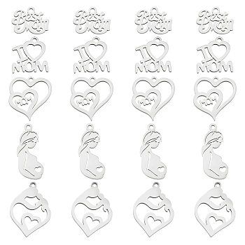 Elite 20Pcs 5 Style Mother's Day 201 Stainless Steel & 304 Stainless Steel Pendants, Laser Cut, Mixed Shapes, Stainless Steel Color, 10~24x10~17x0.9~1mm, Hole: 1.2~1.6mm, 4pcs/style