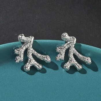 Coral Brass Stud Earrings, Rack Plating, Long-Lasting Plated, Cadmium Free & Lead Free, Platinum, 21x15.5mm