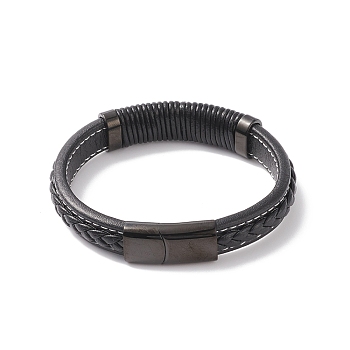 Leather Cord Bracelets, 304 Stainless Steel Magnetic Clasp, Rectangle, Electrophoresis Black, 8-5/8 inch(22cm), 12~15x6~10mm