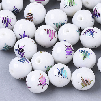 Christmas Opaque Glass Beads, Round with Electroplate Christmas Tree Pattern, Multi-color Plated, 10mm, Hole: 1.2mm