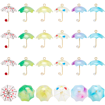 Acrylic Pendants, with Golden Plated Brass Loops and ABS Plastic Imitation Pearl, Umbrella, Mixed Color, 20~24x18~20x18~20mm, Hole: 1.2~1.8mm, 6 colors, 4pcs/color, 24pcs/set