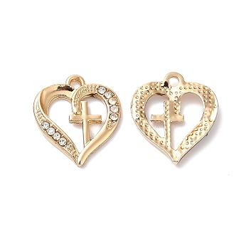 Rack Plating Alloy Crystal Rhinestone Pendants, Heart with Cross Charms, Golden, 20x17.5x2.5mm, Hole: 1.5mm