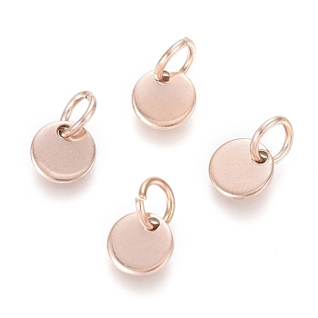 Ion Plating(IP) 304 Stainless Steel Charms, with Jump Rings, Blank Stamping Tag, Flat Round, Rose Gold, 6x0.7mm, Hole: 3.5mm