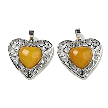 Natural Topaz Jade Peach Love Heart Pendants, Rack Plating Brass Hollow Heart Charms, Cadmium Free & Lead Free, 29.5x30.5x7.5mm, Hole: 7.5x5mm
