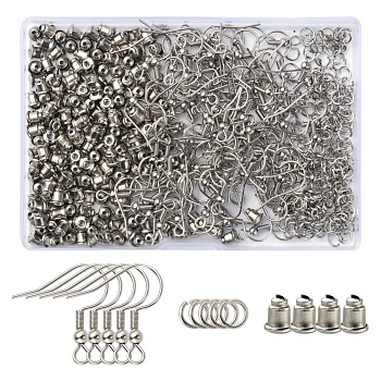 200Pcs 304 Stainless Steel Earring Hooks, with 200Pcs 304 Stainless Steel Ear Nuts & 200Pcs Jump Rings, Stainless Steel Color, 19.5x19.5mm, Hole: 2mm, 21 Gauge, Pin: 0.7mm