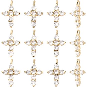 12Pcs Brass Micro Pave Cubic Zirconia Pendants, Cadmium Free & Lead Free, Long-Lasting Plated, Cross, Clear, Real 18K Gold Plated, 14x9.5x3mm, Hole: 1.2mm