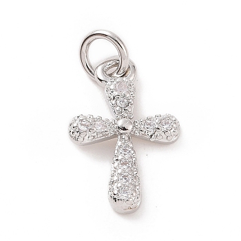 Brass Micro Pave Cubic Zirconia Charms, with Jump Ring, Religion Cross Charm, Platinum, 14x9x2mm, Hole: 2.8mm