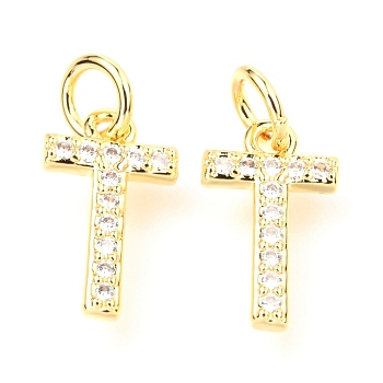 Brass Micro Pave Cubic Zirconia Charms, with Jump Rings, Greek Alphabet, Real 18k Gold Plated, Letter.T, 12.5x7.5x1.8mm, Jump Ring: 5x0.85mm, Hole: 3.3mm