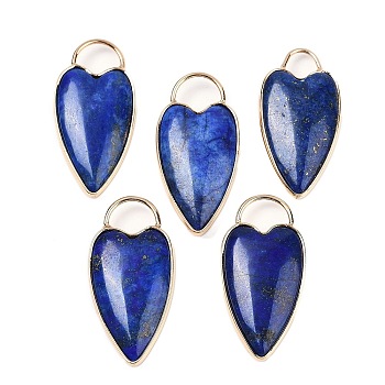 Dyed Natural Lapis Lazuli Pendants, with Golden Tone Brass Findings, Heart Charms, 33.5x17x5.5~6.5mm, Hole: 6x5mm