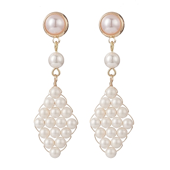 Shell Pearl & Plastic Braided Rhombus Dangle Stud Earrings, Golden Brass Wire Wrap Long Drop Earrings for Women, White, 55mm, Pin: 0.7mm