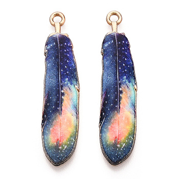 Rack Plating Alloy Pendants, Printed, Lead Free & Cadmium Free & Nickel Free, Feather Charm, Light Gold, Dark Blue, 38x9x1.5mm, Hole: 1.8mm