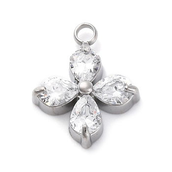 304 Stainless Steel Micro Pave Cubic Zirconia Pendants, Clover Charms, Clear, 13x10.5x3.5mm, Hole: 1.5mm