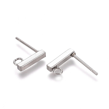 304 Stainless Ear Stud Components, with Loop, Rectangle, Stainless Steel Color, 10x2x2mm, Hole: 1.5mm, Pin: 0.8mm