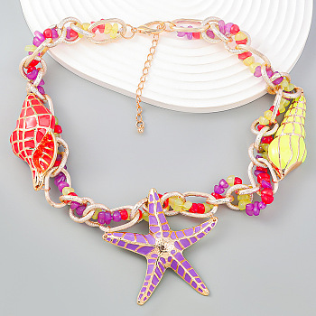 Beach Ocean Style Alloy Enamel Pendant Necklaces for Women, with Resin, Starfish , Light Gold, 17.56 inch(44.6cm)