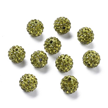 Pave Disco Ball Beads, Polymer Clay Rhinestone Beads, Round, Olivine, PP13(1.9~2mm), 6 Rows Rhinestone, 10mm, Hole: 1.5mm