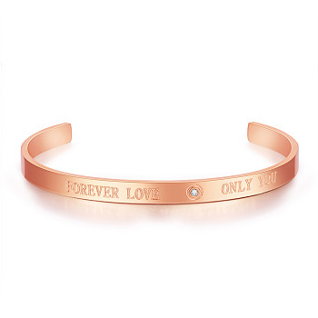 SHEGRACE Titanium Steel Cuff Bangles, with Grade AAA Cubic Zirconia, Word Forever Love Only You, for Valentine's Day, Rose Gold, 2-1/2 inch(6.4cm)