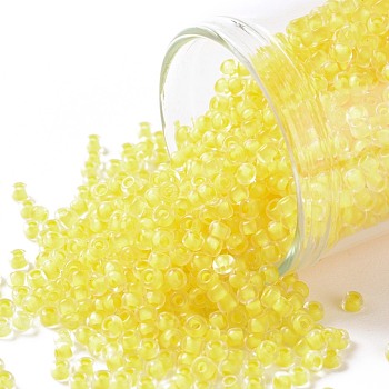 TOHO Round Seed Beads, Japanese Seed Beads, (973) Inside Color Crystal/Neon Champagne Yellow Lined, 11/0, 2.2mm, Hole: 0.8mm, about 5555pcs/50g