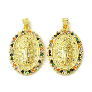 Brass Micro Pave Colorful Cubic Zirconia Pendants, Real 18K Gold Plated, Huamn, Oval, 29.5x20.5x3.5mm, Hole: 4x3mm