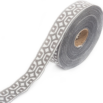 25M Ethnic Style Polyester Embroidery Coin Ribbons, Flat Jacquard Ribbon, Garment Accessories, Light Grey, 1-1/8 inch(30mm), about 27.34 Yards(25m)/roll