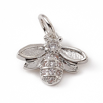 Brass Micro Pave Cubic Zirconia Charms, with Jump Ring, Bees Charm, Platinum, 10x12x2.5mm, Hole: 3mm