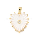 Brass Micro Pave Clear Cubic Zirconia Pendants, Heart Charms, with Shell, Real 18K Gold Plated, 18x6.5x2.5mm, Hole: 2x3.5mm(KK-D255-10G)