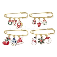 4Pcs 4 Style Christmas Santa Claus Snowman Snowflake Alloy Enamel Pendant Brooches, Golden Stainless Steel Kilt Pins, Mixed Color, 37~42.5x60x7mm, 1pc/style(JEWB-BR00129)
