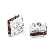 Brass Rhinestone Spacer Beads, Beads, Square, Nickel Free, Orange, Silver Color Plated, 6mmx6mmx3mm, hole: 1mm(RSB072-06S)