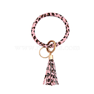 Leopard Print Pattern PU Imitaition Leather Bangle Keychains, Wristlet Keychain with Tassel & Alloy Ring, Pink, 200x100mm(KEYC-PW0009-08B)