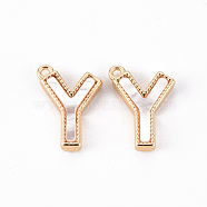 Brass Charms, with Shell, Real 18K Gold Plated, Nickel Free, Letter.Y, 11.5x8.5x2mm, Hole: 1mm(KK-Q766-001Y-NF)