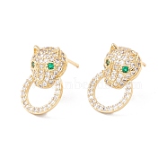 Green Cubic Zirconia Leopard Head with Ring Stud Earrings, Brass Jewelry for Women, Lead Free & Cadmium Free, Real 18K Gold Plated, 16x11mm, Pin: 0.8mm(EJEW-F282-32G)