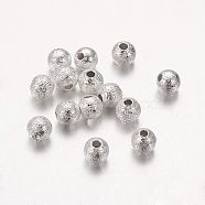Brass Textured Beads, Nickel Free, Round, Silver Color Plated, 4mm, Hole:1mm(KK-EC247-S-NF)