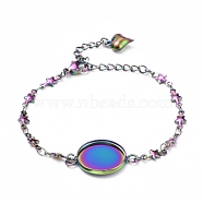 Rainbow Color 304 Stainless Steel Bracelet Making, with Lobster Claw Clasps, Star Link Chains and Flat Round Cabochon Settings, Tray: 16mm, 6-1/8 inch(15.5cm)(STAS-L248-008M)