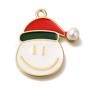 Christmas Theme Alloy Enamel Pendants, with Plastic Imitation Pearl, Golden, Snowman with Hat Charm, Floral White, 22.5x20x5.5mm, Hole: 1.5mm(ENAM-B025-02G-01)