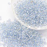 6/0 Transparent Glass Round Seed Beads, Grade A, Silver Lined, Alice Blue, 3.6~4.0mm, Hole: 1.2mm, about 500pcs/50g(X-SEED-J010-F6-32)