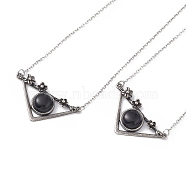 Natural Obsidian Triangle with Flower Pendant Necklace, Antique Silver & Platinum Brass Jewelry for Women, Cadmium Free & Lead Free, 19.76 inch(50.2cm)(NJEW-P274-01AS-03)