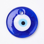 Handmade Lampwork Evil Eye Pendants, Flat Round, Blue, 35x6mm, Hole: 4mm(X-LAMP-E106-02D)