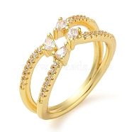 Plating Brass Micro Pave Cubic Zirconia Open Cuff Rings, Real 18K Gold Plated, Teardrop, Adjustable(RJEW-K266-13B-G)