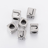304 Stainless Steel Large Hole Letter European Beads, Cube with Letter.J, Antique Silver, 8x8x8mm, Hole: 5mm(STAS-H428-01AS-J)