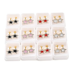 Star Glass & Polymer Clay Rhinestone Ear Fake Plugs, 304 Stainless Steel Piercing Stud Screw Earrings for Women, Golden, Mixed Color, 10x10mm, Pin: 1mm(EJEW-H105-29G)