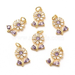 Brass Micro Pave Lilac Cubic Zirconia Pendants, Long-Lasting Plated, Flower, Real 18K Gold Plated, 18x11x2.5mm, Hole: 3.5mm, Ring: 5x1mm(ZIRC-P086-21G)