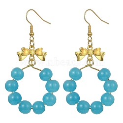 Imitation Jade Glass Beaded Ring Dangle Earrings, Golden Alloy Bowknot Long Drop Earrings, Sky Blue, 63x32mm(EJEW-JE05567-01)